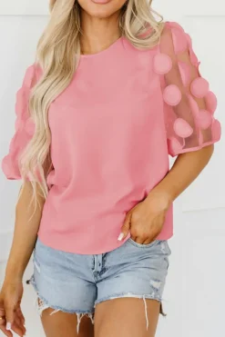 Fashion Dear-Lover Contrast Applique Mesh Half Sleeve Blouse Dusty Pink