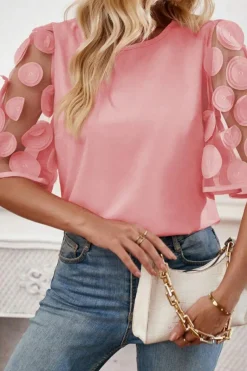 Fashion Dear-Lover Contrast Applique Mesh Half Sleeve Blouse Dusty Pink