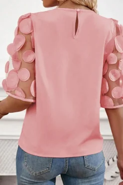 Fashion Dear-Lover Contrast Applique Mesh Half Sleeve Blouse Dusty Pink