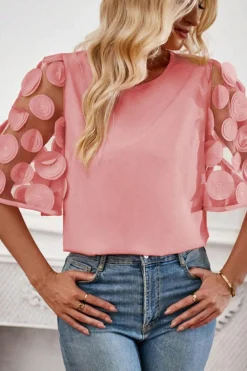 Fashion Dear-Lover Contrast Applique Mesh Half Sleeve Blouse Dusty Pink