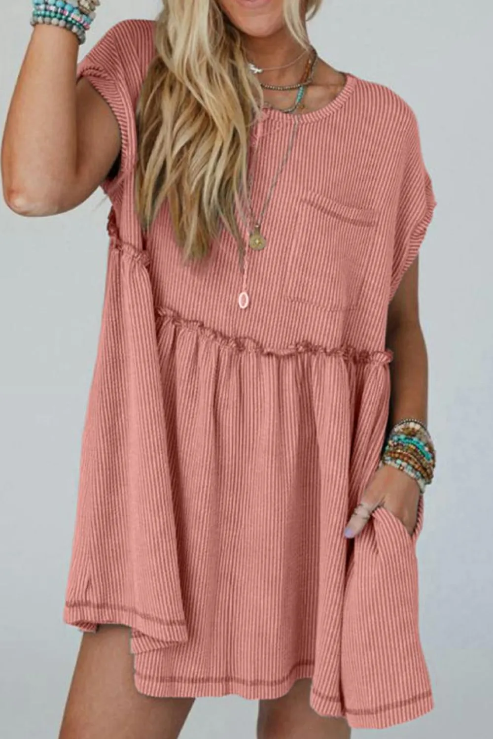 Best Dear-Lover Corded Knit Textured Patched Pocket Frilled Swing Mini Dress with Pockets Dusty Pink