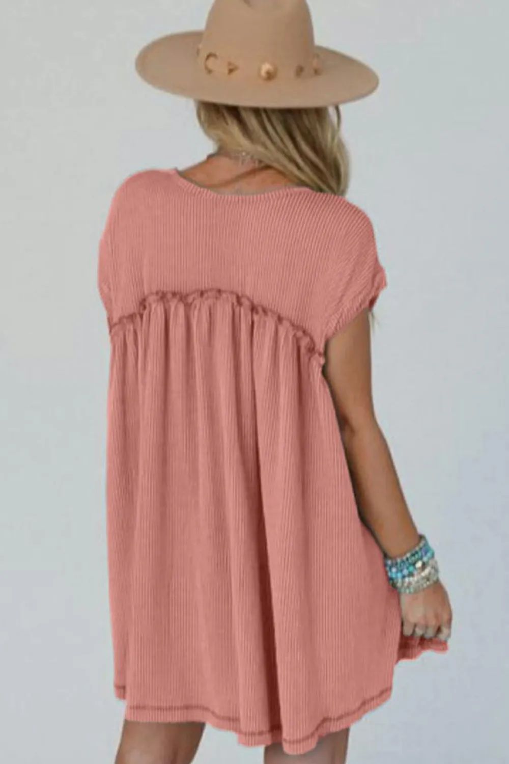 Best Dear-Lover Corded Knit Textured Patched Pocket Frilled Swing Mini Dress with Pockets Dusty Pink