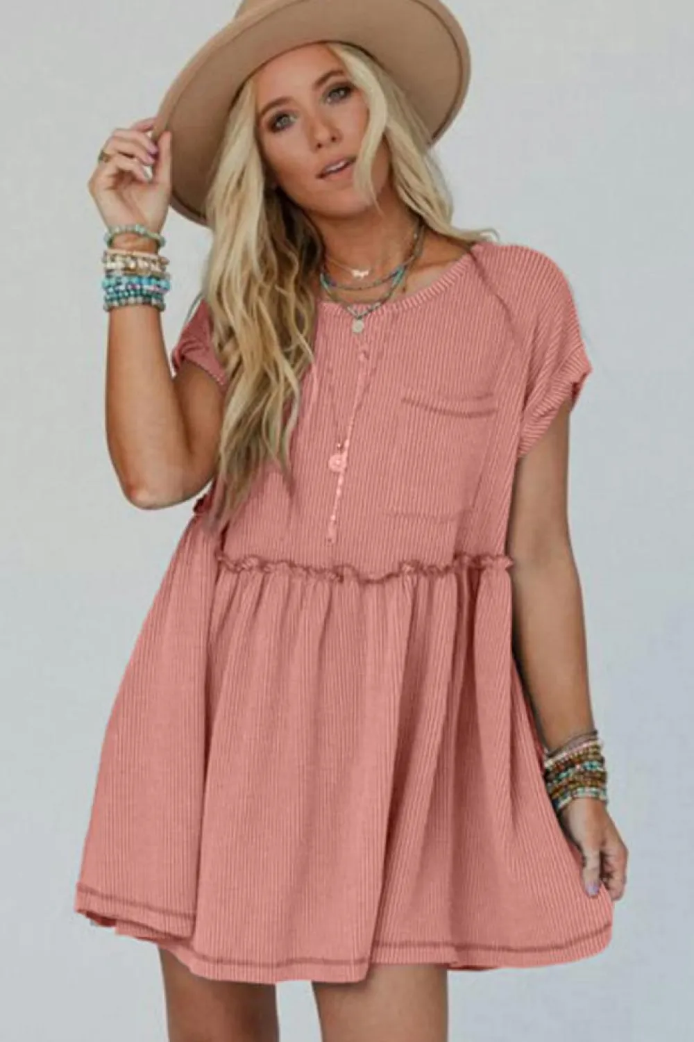 Best Dear-Lover Corded Knit Textured Patched Pocket Frilled Swing Mini Dress with Pockets Dusty Pink