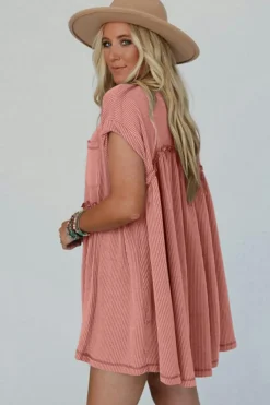 Best Dear-Lover Corded Knit Textured Patched Pocket Frilled Swing Mini Dress with Pockets Dusty Pink