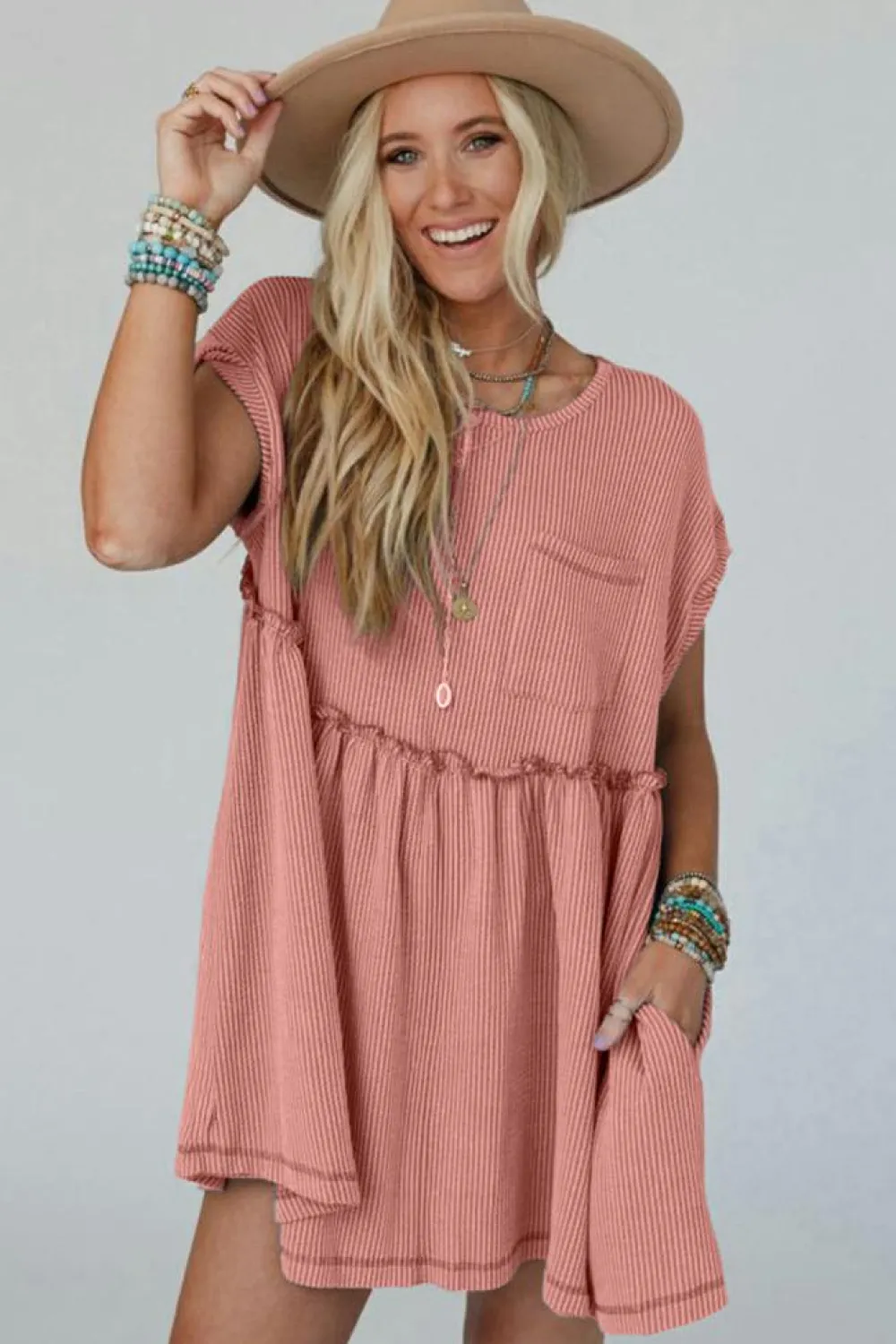 Best Dear-Lover Corded Knit Textured Patched Pocket Frilled Swing Mini Dress with Pockets Dusty Pink