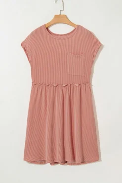 Best Dear-Lover Corded Knit Textured Patched Pocket Frilled Swing Mini Dress with Pockets Dusty Pink