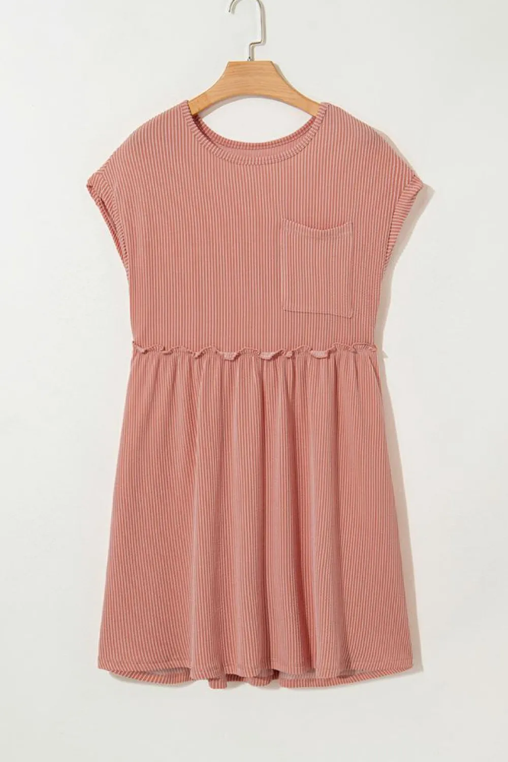 Best Dear-Lover Corded Knit Textured Patched Pocket Frilled Swing Mini Dress with Pockets Dusty Pink