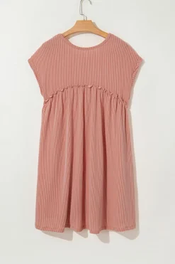 Best Dear-Lover Corded Knit Textured Patched Pocket Frilled Swing Mini Dress with Pockets Dusty Pink