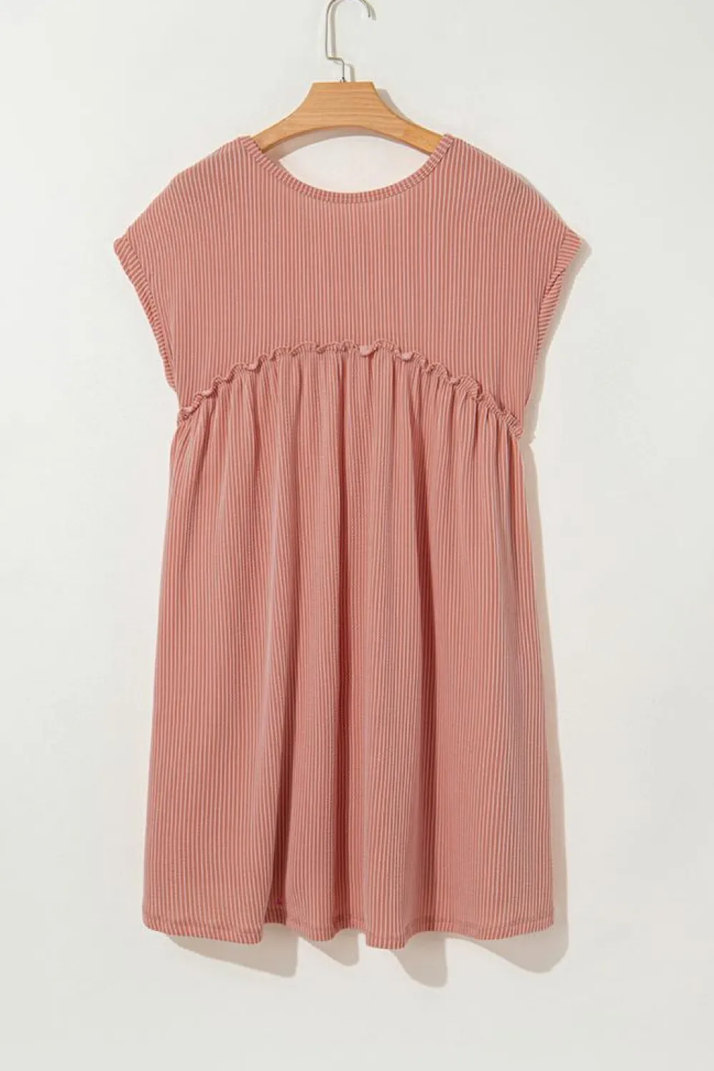 Best Dear-Lover Corded Knit Textured Patched Pocket Frilled Swing Mini Dress with Pockets Dusty Pink