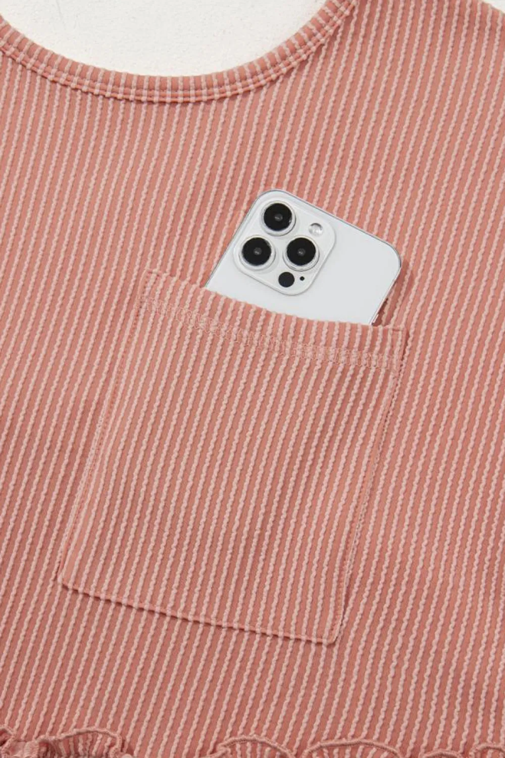 Best Dear-Lover Corded Knit Textured Patched Pocket Frilled Swing Mini Dress with Pockets Dusty Pink