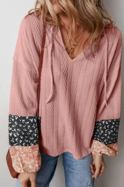 Sale Dear-Lover Floral Patchwork Textured Knit Drawstring V Neck Blouse Dusty Pink