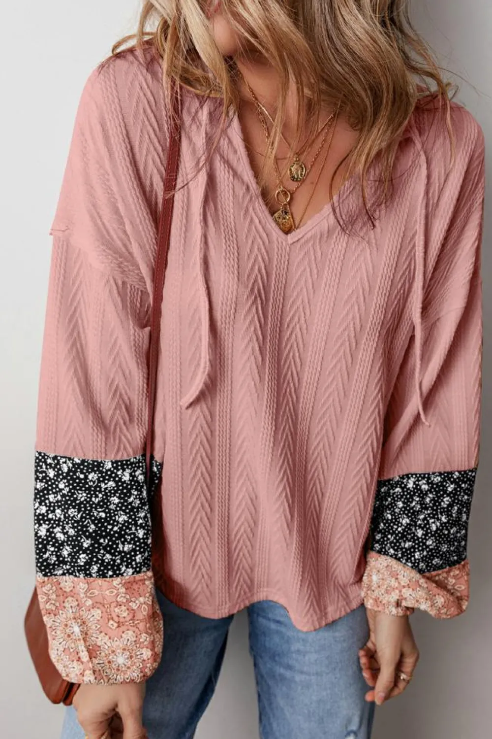 Sale Dear-Lover Floral Patchwork Textured Knit Drawstring V Neck Blouse Dusty Pink