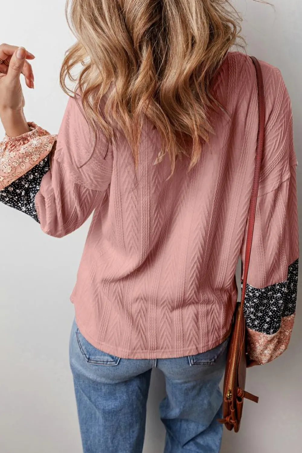 Sale Dear-Lover Floral Patchwork Textured Knit Drawstring V Neck Blouse Dusty Pink