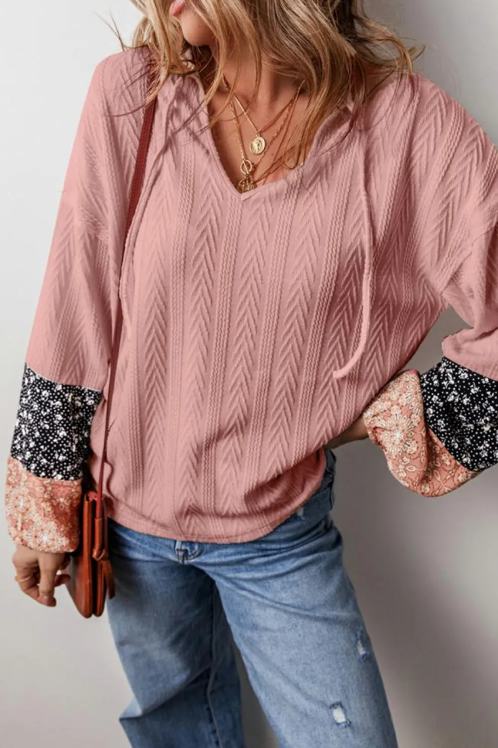 Sale Dear-Lover Floral Patchwork Textured Knit Drawstring V Neck Blouse Dusty Pink