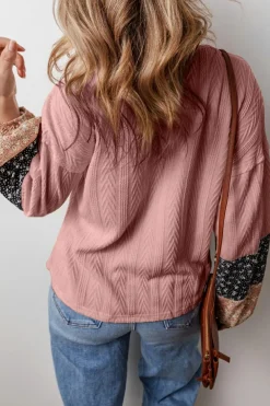 Sale Dear-Lover Floral Patchwork Textured Knit Drawstring V Neck Blouse Dusty Pink