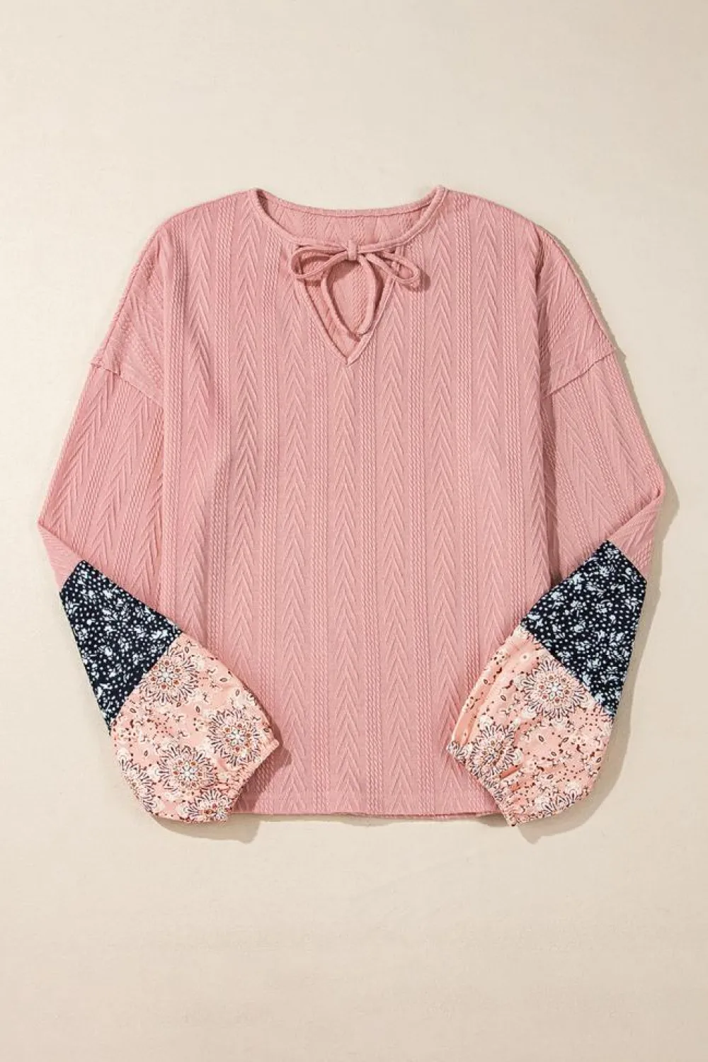 Sale Dear-Lover Floral Patchwork Textured Knit Drawstring V Neck Blouse Dusty Pink