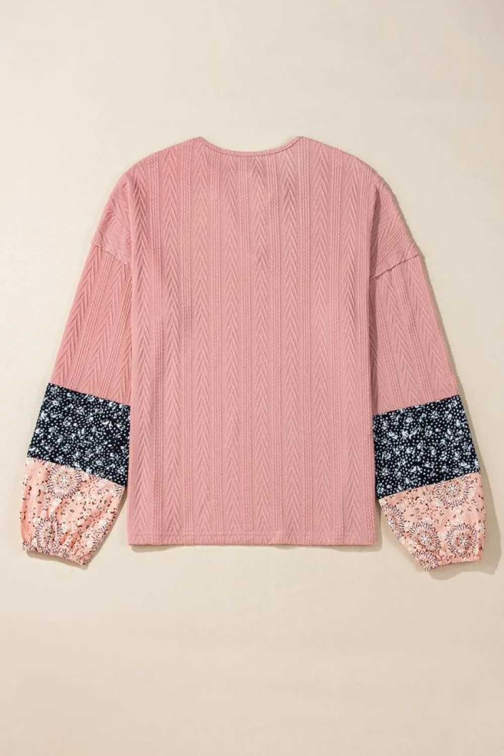 Sale Dear-Lover Floral Patchwork Textured Knit Drawstring V Neck Blouse Dusty Pink