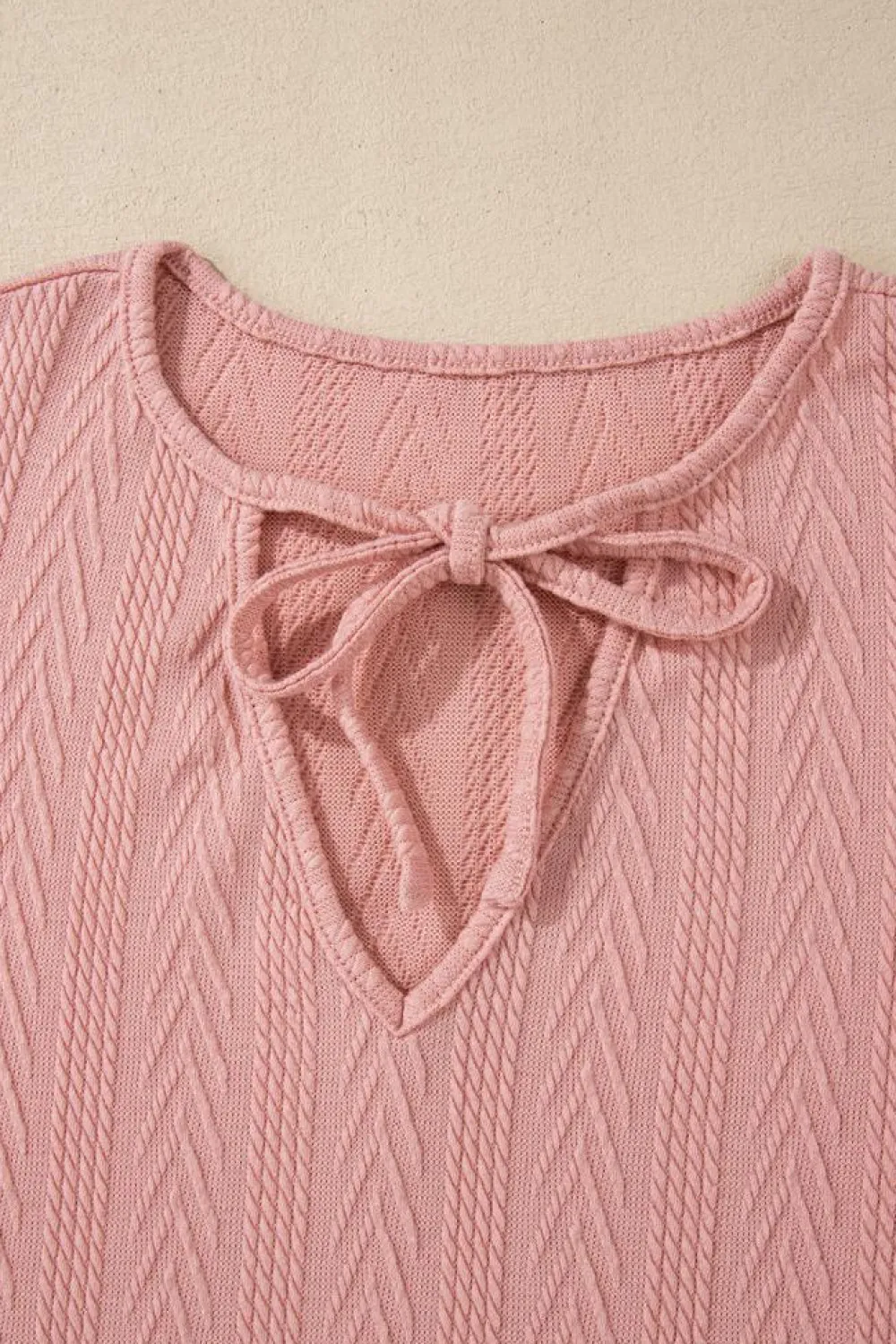 Sale Dear-Lover Floral Patchwork Textured Knit Drawstring V Neck Blouse Dusty Pink