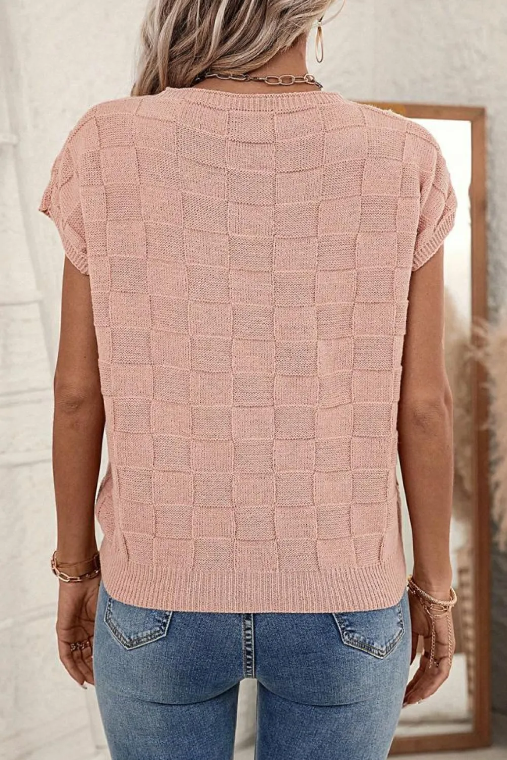 Fashion Dear-Lover Lattice Textured Knit Short Sleeve Sweater Dusty Pink