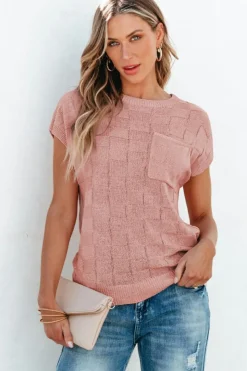 Fashion Dear-Lover Lattice Textured Knit Short Sleeve Sweater Dusty Pink