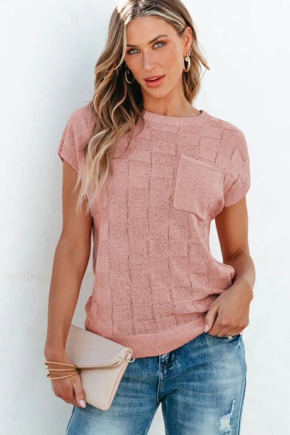Fashion Dear-Lover Lattice Textured Knit Short Sleeve Sweater Dusty Pink
