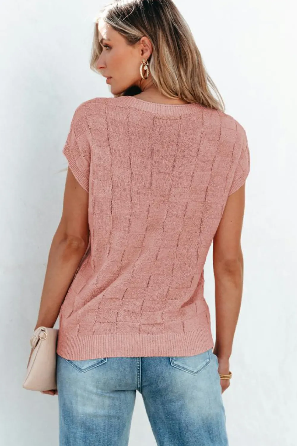 Fashion Dear-Lover Lattice Textured Knit Short Sleeve Sweater Dusty Pink