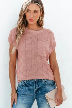 Fashion Dear-Lover Lattice Textured Knit Short Sleeve Sweater Dusty Pink