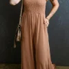 Fashion Dear-Lover Ruffled Shirred Wide Leg Sleeveless Jumpsuit Dusty Pink