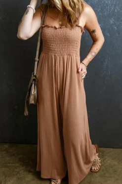 Fashion Dear-Lover Ruffled Shirred Wide Leg Sleeveless Jumpsuit Dusty Pink