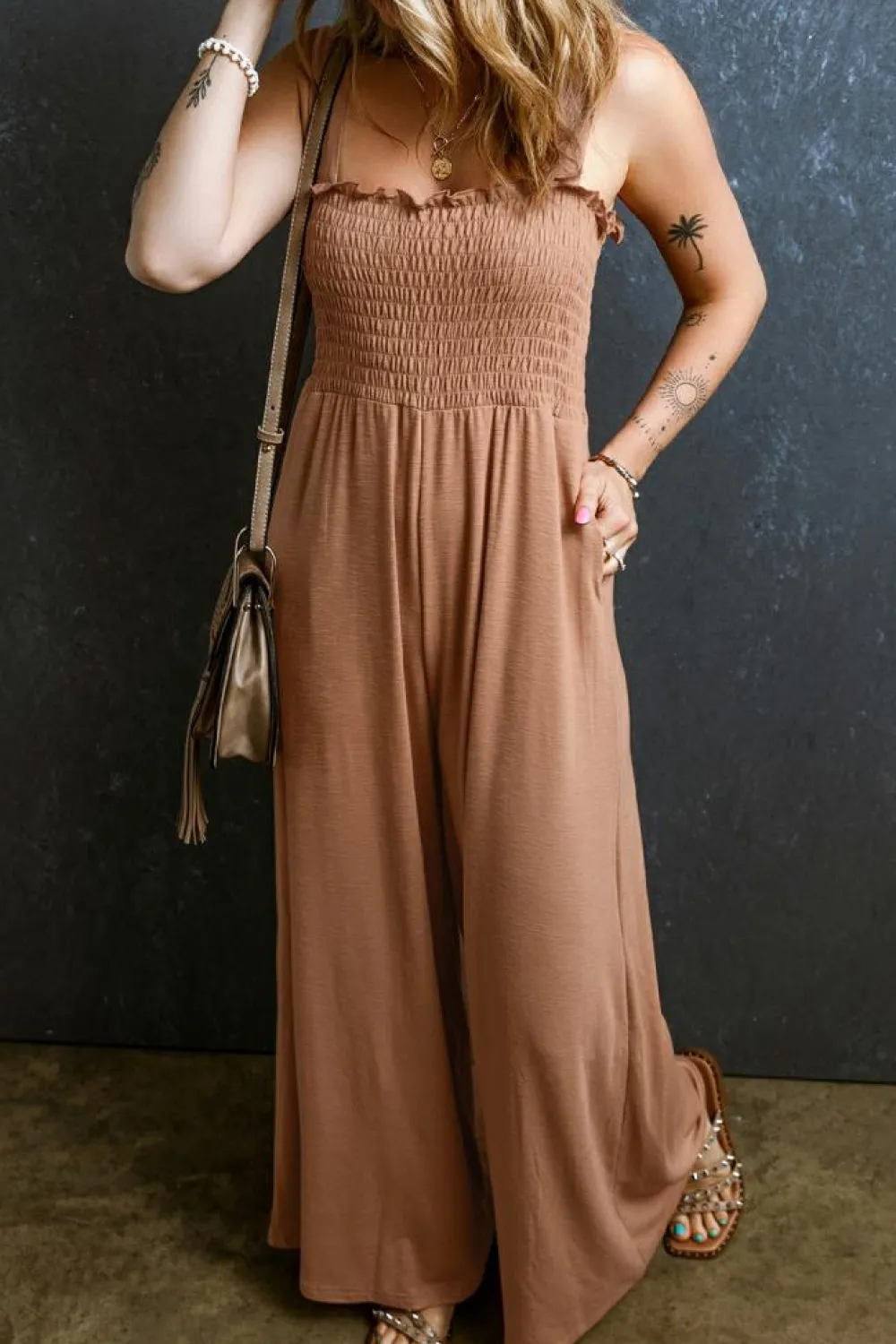 Fashion Dear-Lover Ruffled Shirred Wide Leg Sleeveless Jumpsuit Dusty Pink