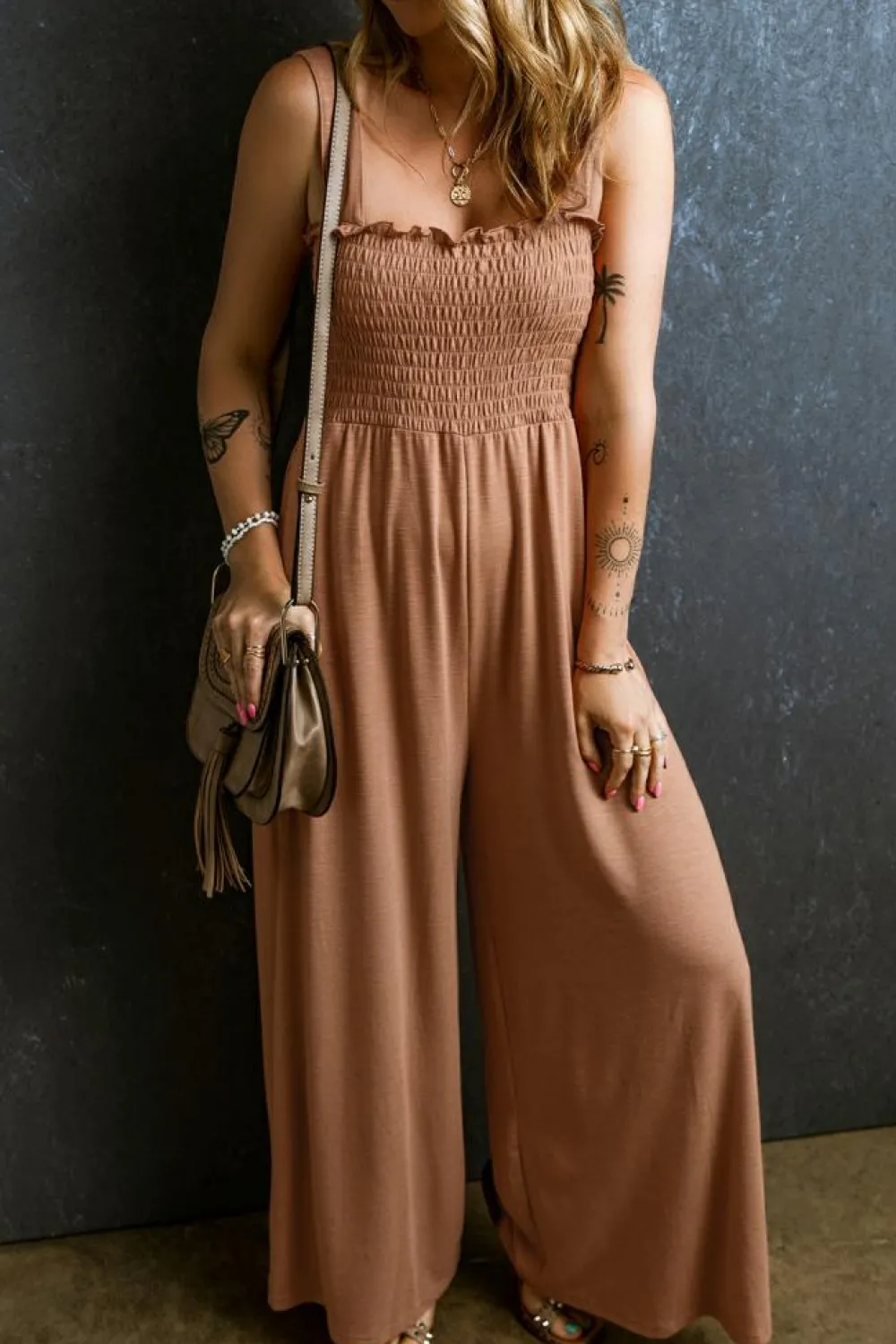 Fashion Dear-Lover Ruffled Shirred Wide Leg Sleeveless Jumpsuit Dusty Pink