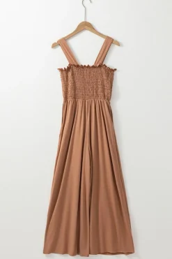 Fashion Dear-Lover Ruffled Shirred Wide Leg Sleeveless Jumpsuit Dusty Pink