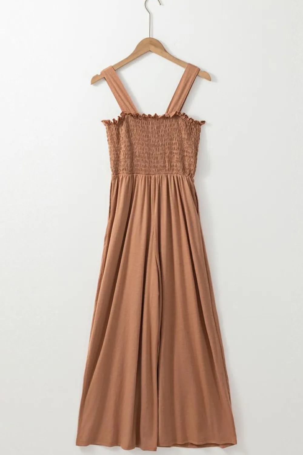 Fashion Dear-Lover Ruffled Shirred Wide Leg Sleeveless Jumpsuit Dusty Pink