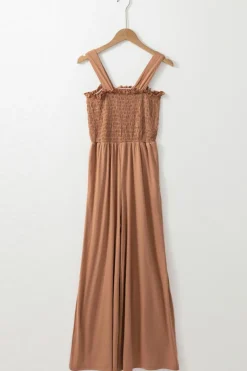 Fashion Dear-Lover Ruffled Shirred Wide Leg Sleeveless Jumpsuit Dusty Pink