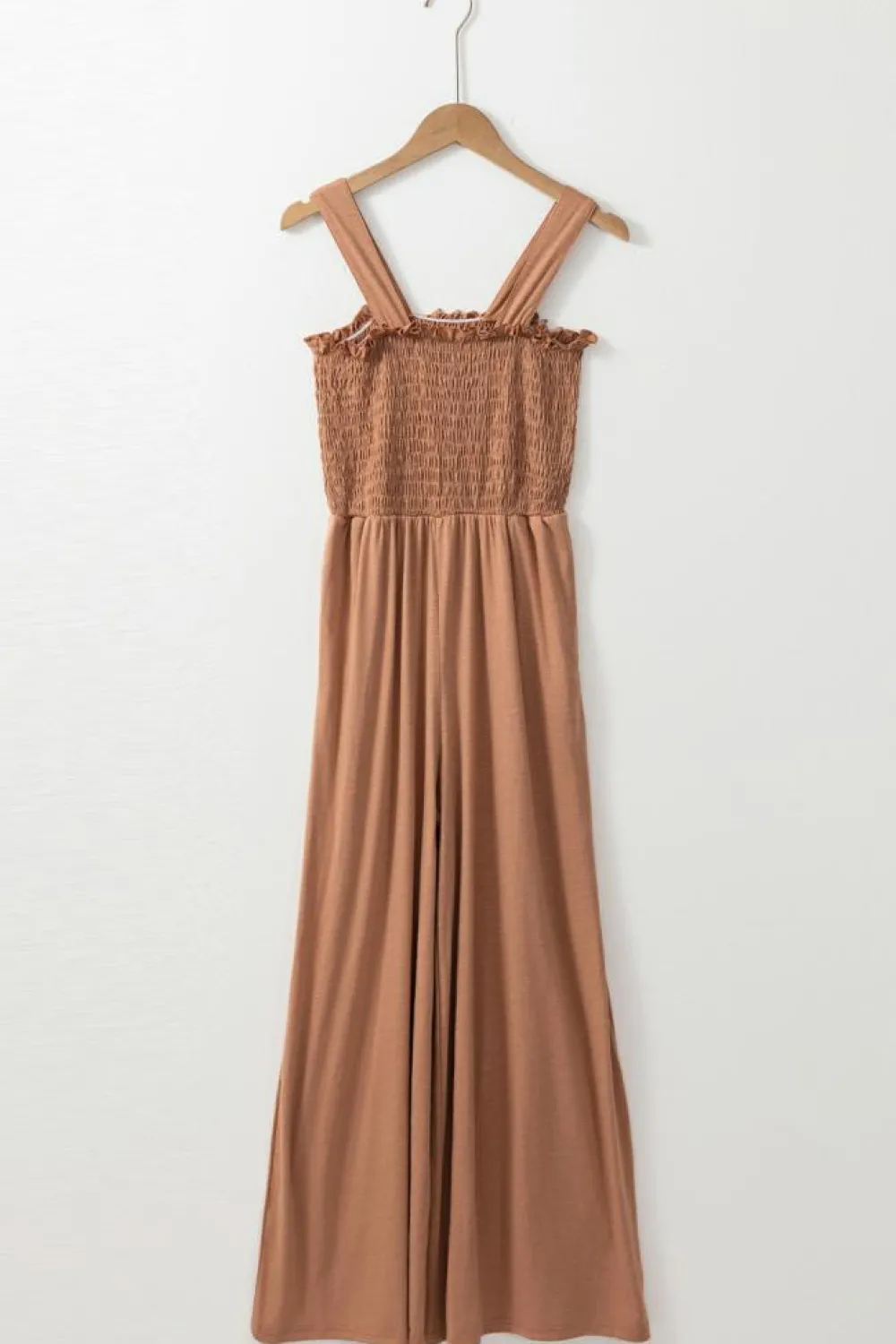 Fashion Dear-Lover Ruffled Shirred Wide Leg Sleeveless Jumpsuit Dusty Pink