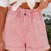 Clearance Dear-Lover Vintage Washed Frilled High Waist Denim Shorts Dusty Pink