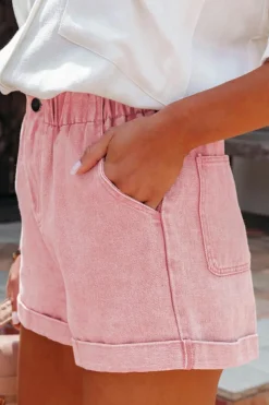 Clearance Dear-Lover Vintage Washed Frilled High Waist Denim Shorts Dusty Pink