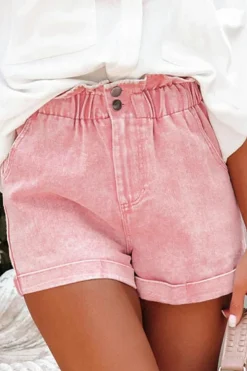 Clearance Dear-Lover Vintage Washed Frilled High Waist Denim Shorts Dusty Pink