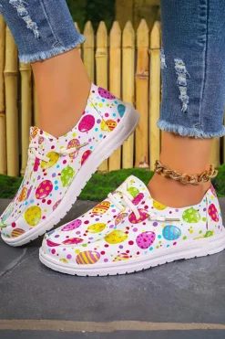 Fashion Dear-Lover Easter Eggs Printed Square Toe Slip On Canvas Flats Light Pink