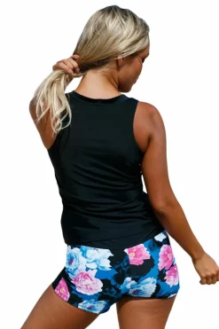 Fashion Dear-Lover Elegant Floral Zip Front Sporty 2pcs Tankini Swimsuit As shown