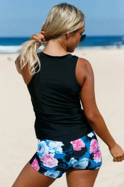 Fashion Dear-Lover Elegant Floral Zip Front Sporty 2pcs Tankini Swimsuit As shown