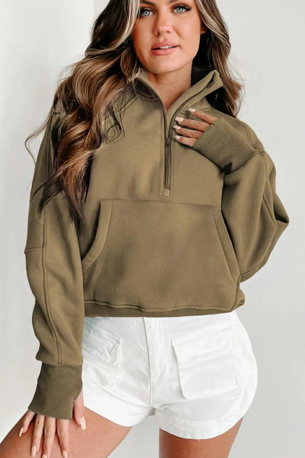 Outlet Dear-Lover Fleece Lined Zip Up Stand Collar Thumbhole Sleeve Sweatshirt Elmwood