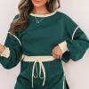 Clearance Dear-Lover Color Contrast Loose Pullover and Lace-up Waist Skort Set Evergreen