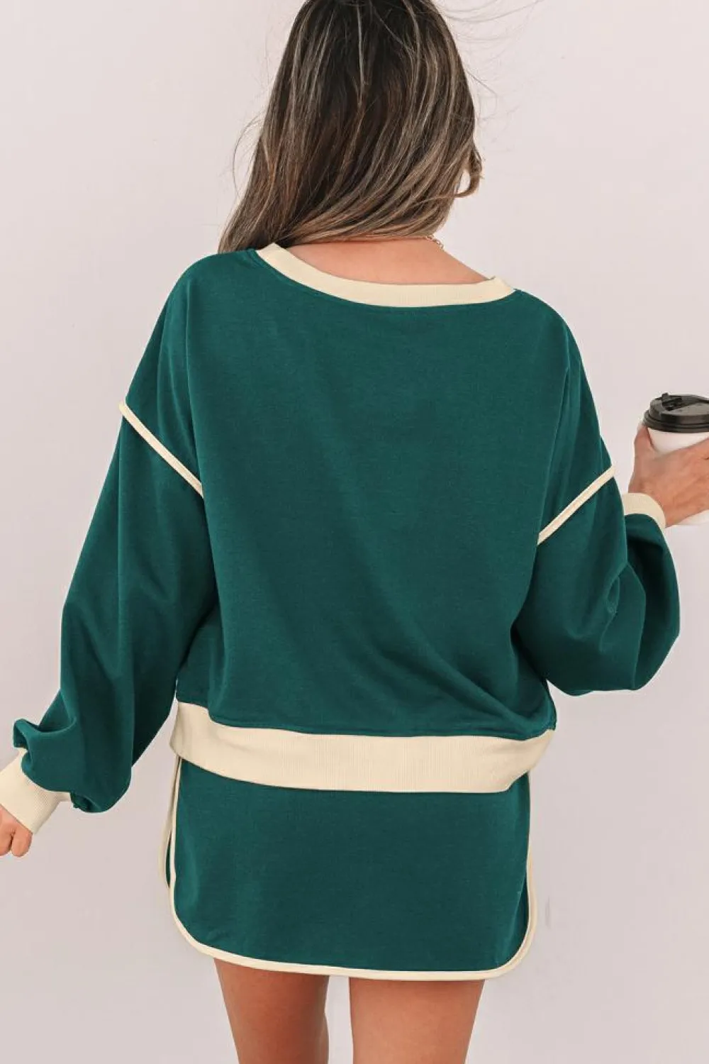 Clearance Dear-Lover Color Contrast Loose Pullover and Lace-up Waist Skort Set Evergreen