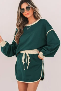 Clearance Dear-Lover Color Contrast Loose Pullover and Lace-up Waist Skort Set Evergreen