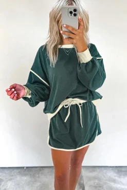 Clearance Dear-Lover Color Contrast Loose Pullover and Lace-up Waist Skort Set Evergreen