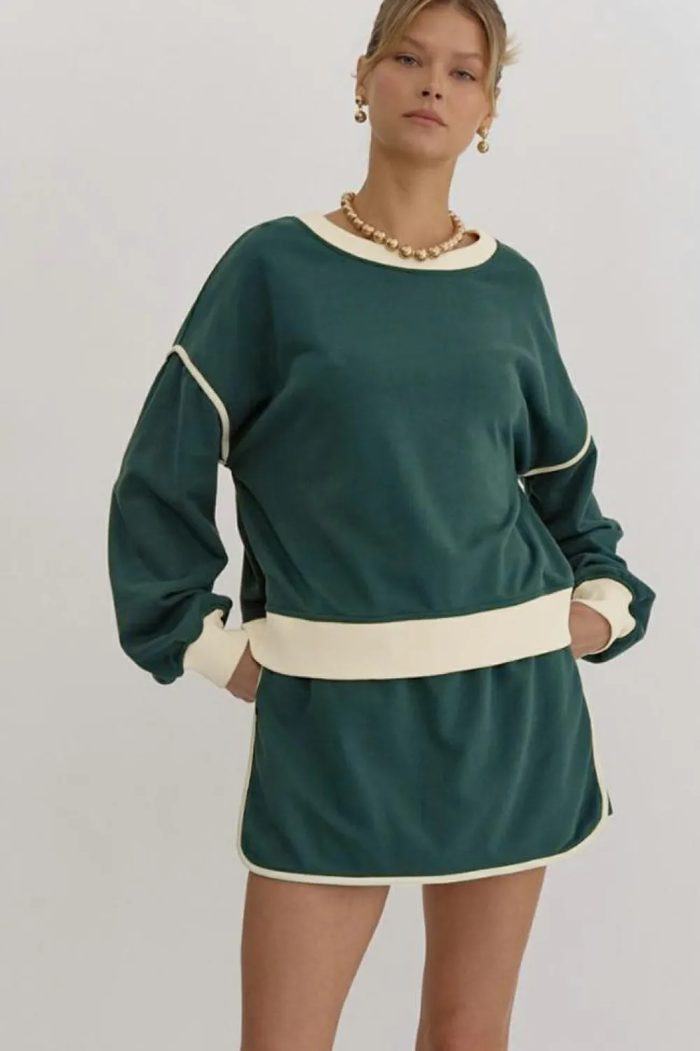 Clearance Dear-Lover Color Contrast Loose Pullover and Lace-up Waist Skort Set Evergreen