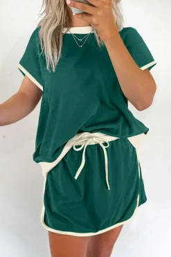New Dear-Lover Colorblock Edge Drop Shoulder T Shirt and Skort 2Pcs Set Evergreen