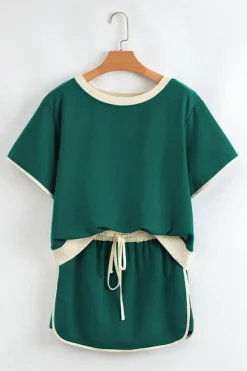 New Dear-Lover Colorblock Edge Drop Shoulder T Shirt and Skort 2Pcs Set Evergreen