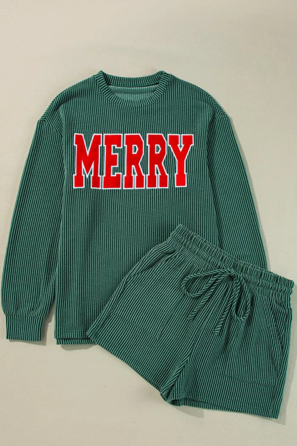 Discount Dear-Lover Corded MERRY Graphic Long Sleeve Top and Shorts Set Evergreen